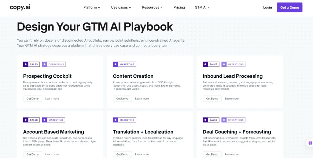 Copy.ai AI writing tools interface showing social media templates