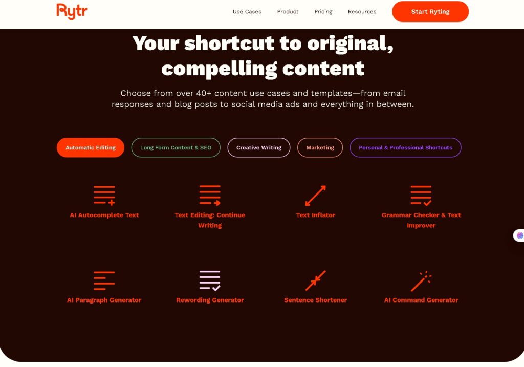 Rytr AI writing tools quick copy creation interface