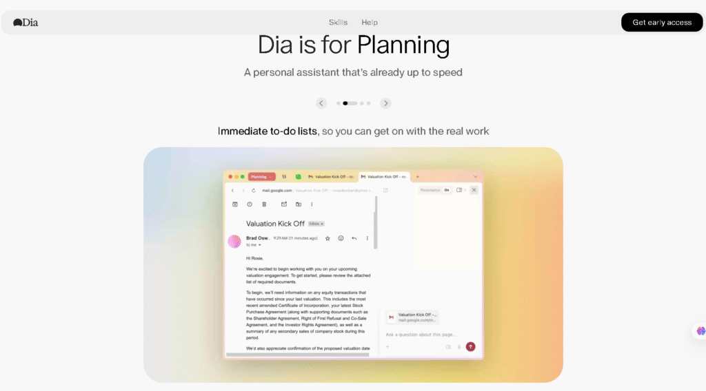AI browsers tools comparison showing Dia features for research, automation, and productivity