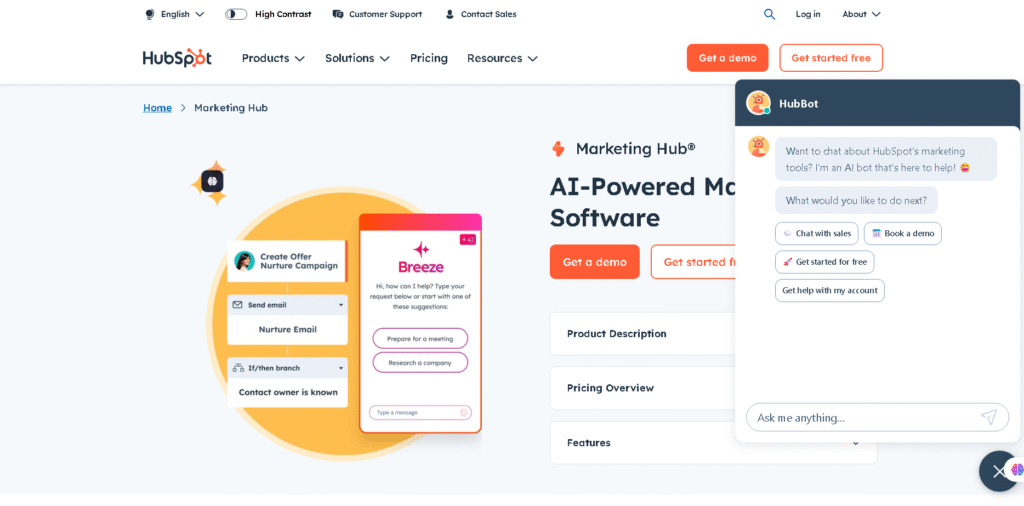 HubSpot AI Marketing Hub interface with predictive lead scoring and automation tools an AI Tools for Marketing
