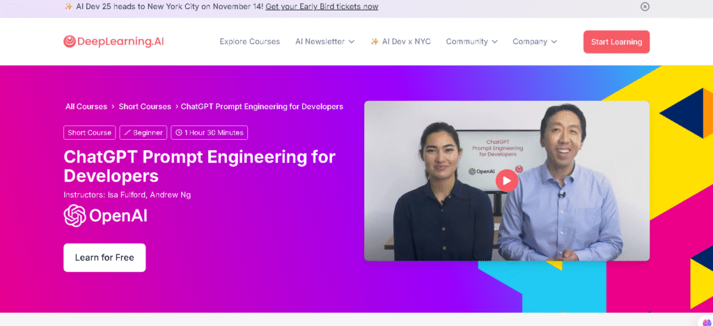 ChatGPT Prompt Engineering for Developers course screenshot on edX an AI prompting courses 