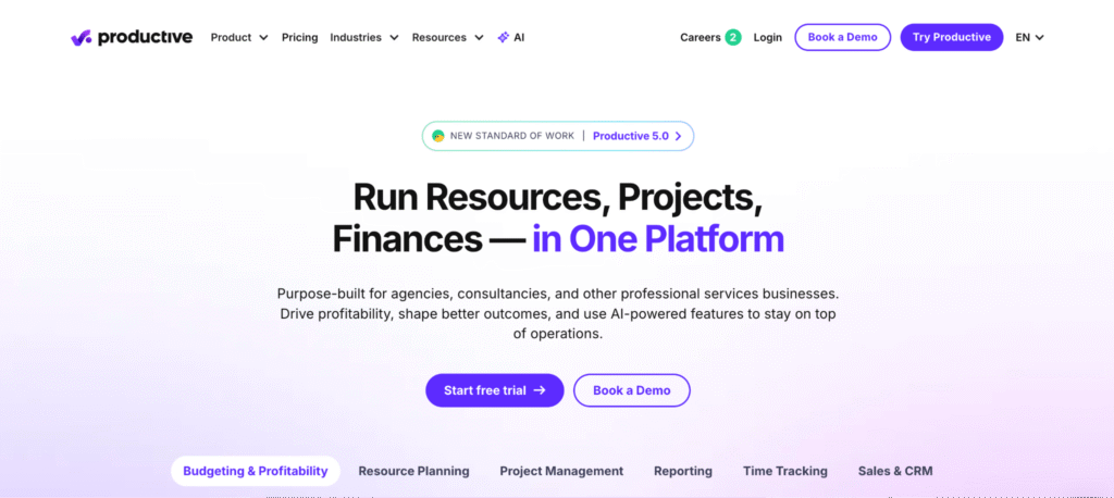 Productive's project and budget view, built with agencies in mind