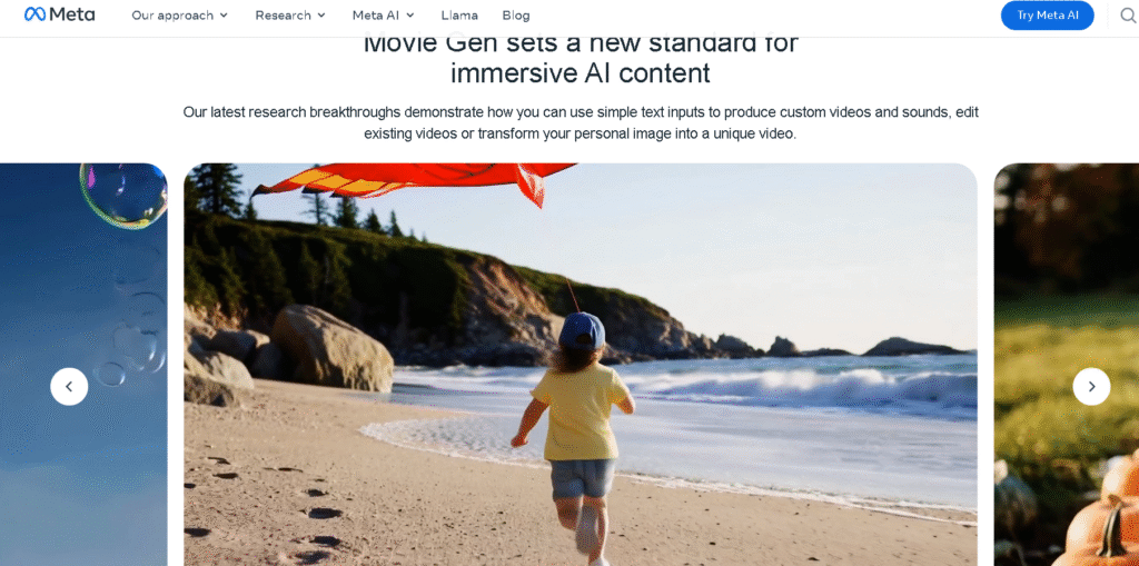 Screenshot of Meta AI Video Generator (MovieGen) platform with video creation features