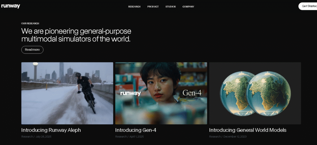 Runway AI homepage showcasing features of the best AI video generator tools 2025