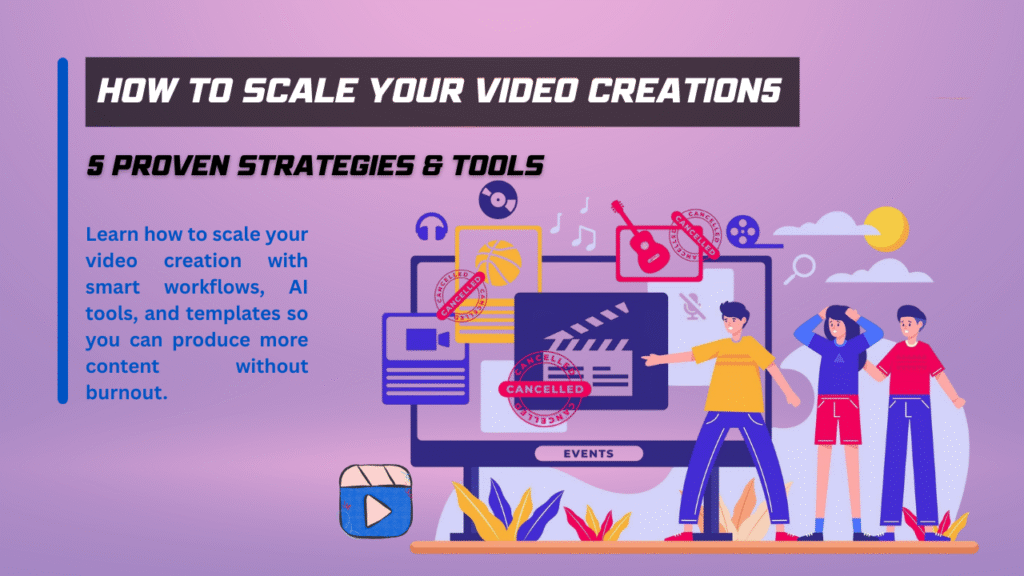Illustration of people scaling video creation with digital tools, featuring a large computer screen, video icons, and text that reads 'How to Scale Your Video Creations – 5 Proven Strategies & Tools'.
