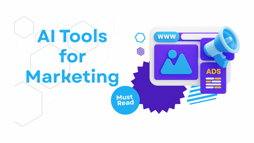 AI Tools for Marketing 2025 illustration showing marketing automation with robotic arms and digital content icons.