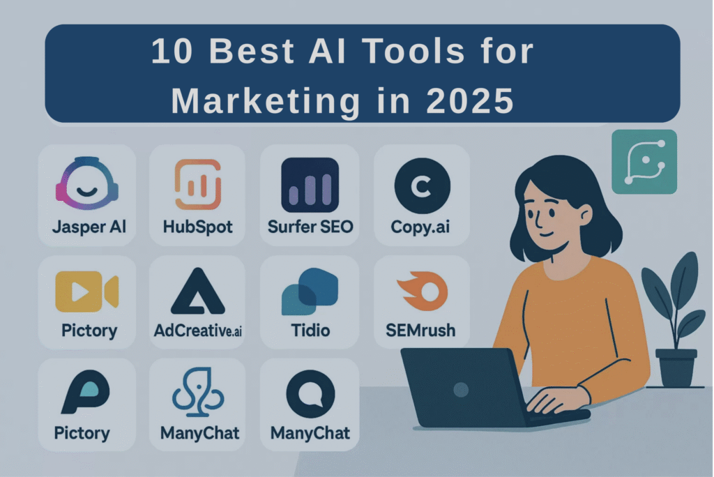 “Top 10 AI tools for marketing in 2025 that help businesses boost efficiency, create content, optimize SEO, and improve customer engagement.”
