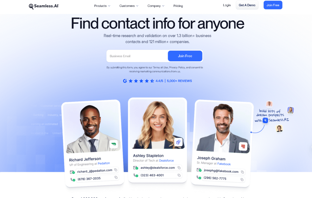 Seamless.AI interface displaying real-time prospect search and lead enrichment