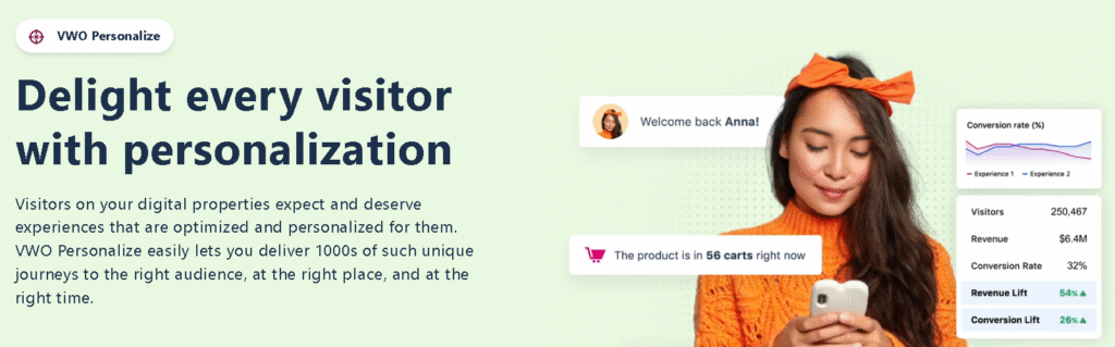 VWO Personalize an AI Content Customization dashboard highlighting real-time A/B testing and personalization
