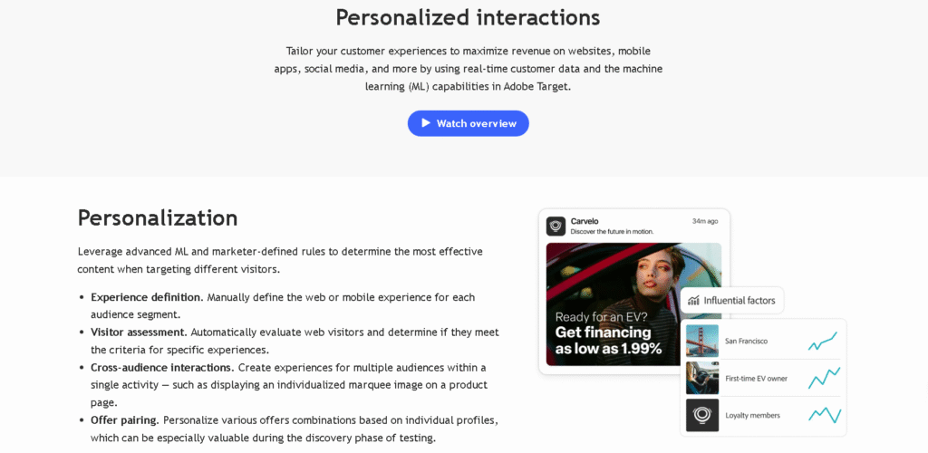 Adobe Target personalization dashboard with AI audience segmentation insights