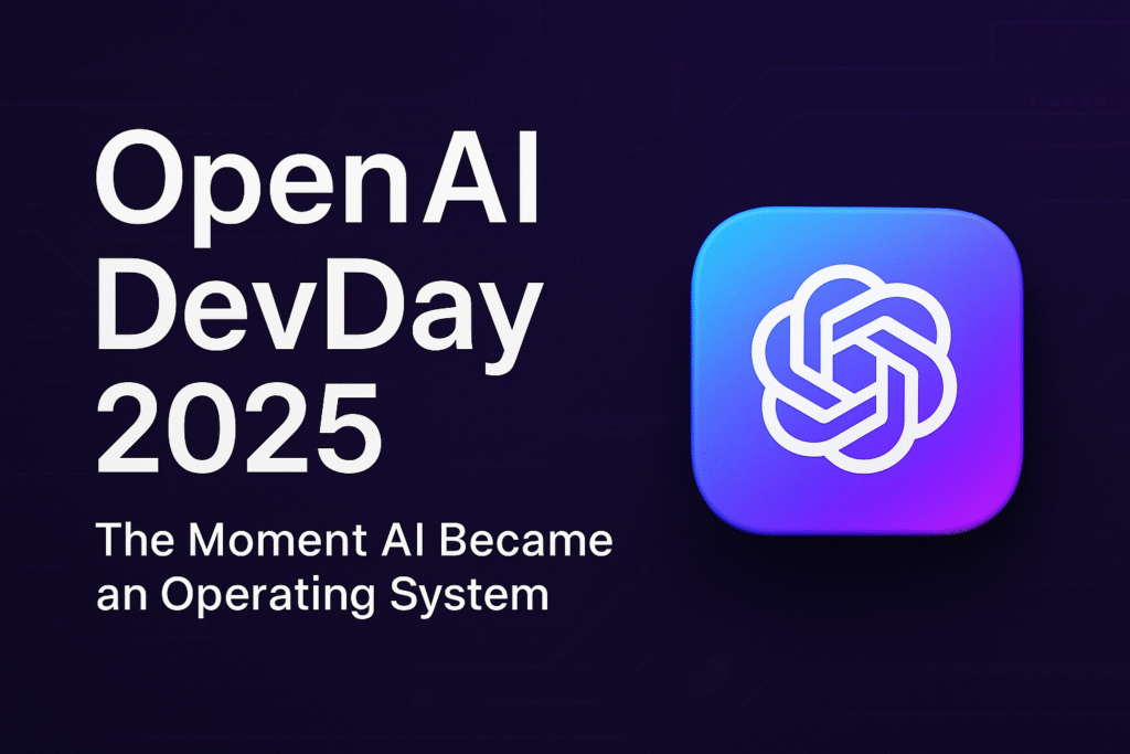 Feature image for OpenAI DevDay 2025 showing the OpenAI logo and text “The Moment AI Became an Operating System” on a dark purple background.