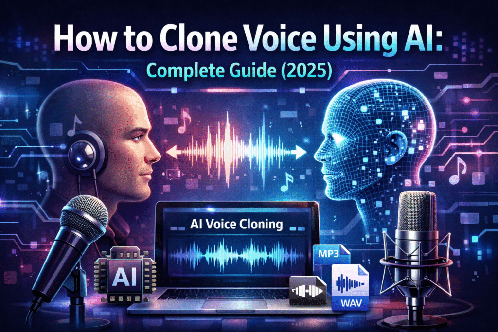 How to Clone Voice Using AI complete guide 2025 showing AI voice cloning technology, sound waves, microphone and digital human voice