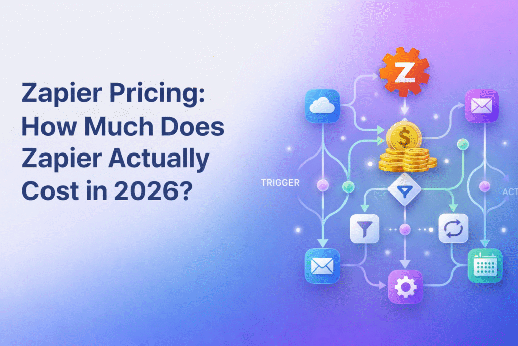 Zapier pricing breakdown showing automation workflows and cost icons explaining how much Zapier costs in 2026