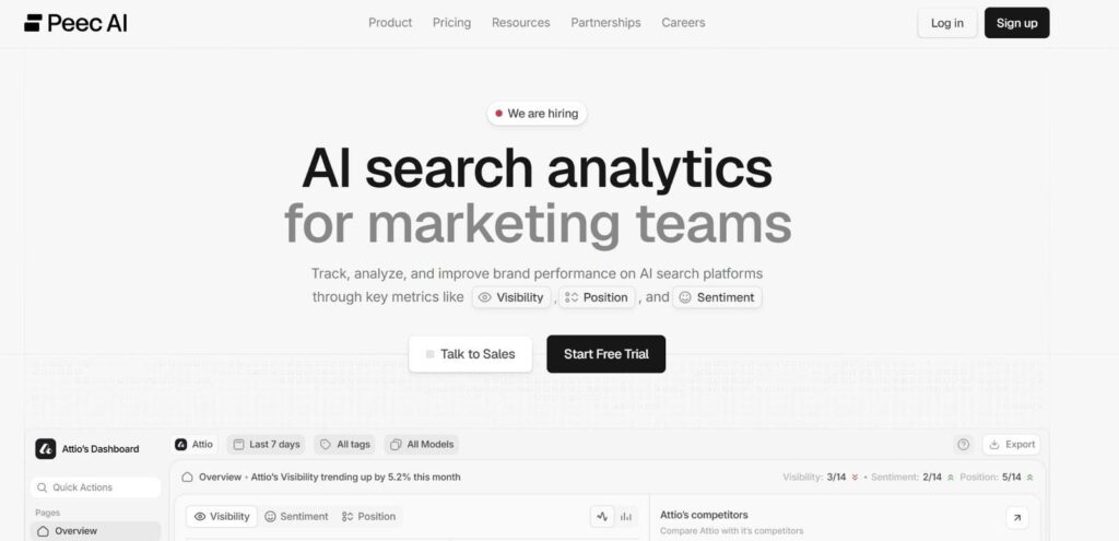 Screenshot: Peec AI public homepage/interface.