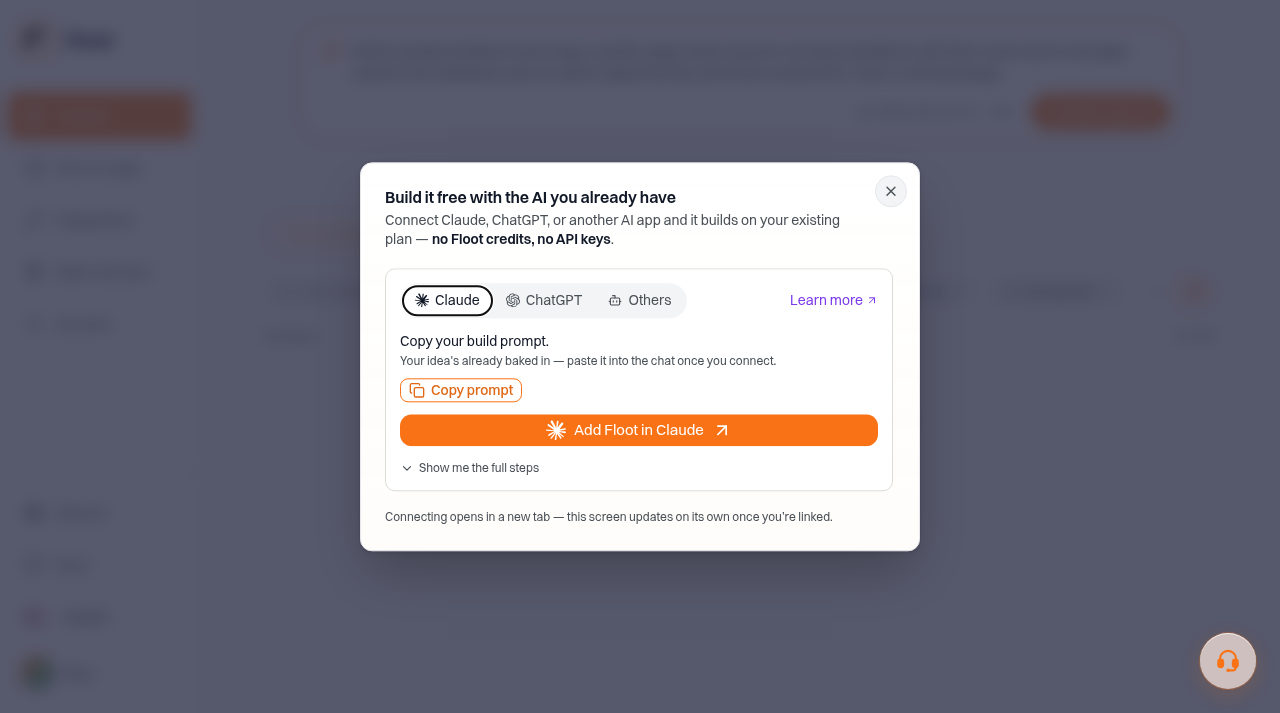Floot dashboard showing the connect your AI modal