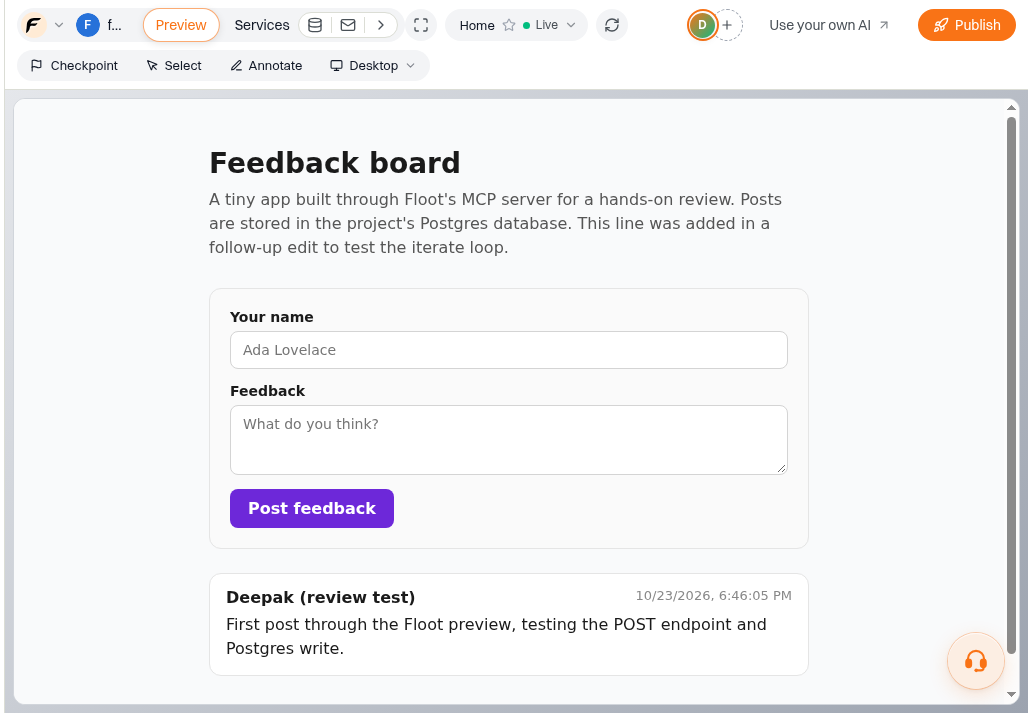 Feedback board test app running in the Floot editor preview