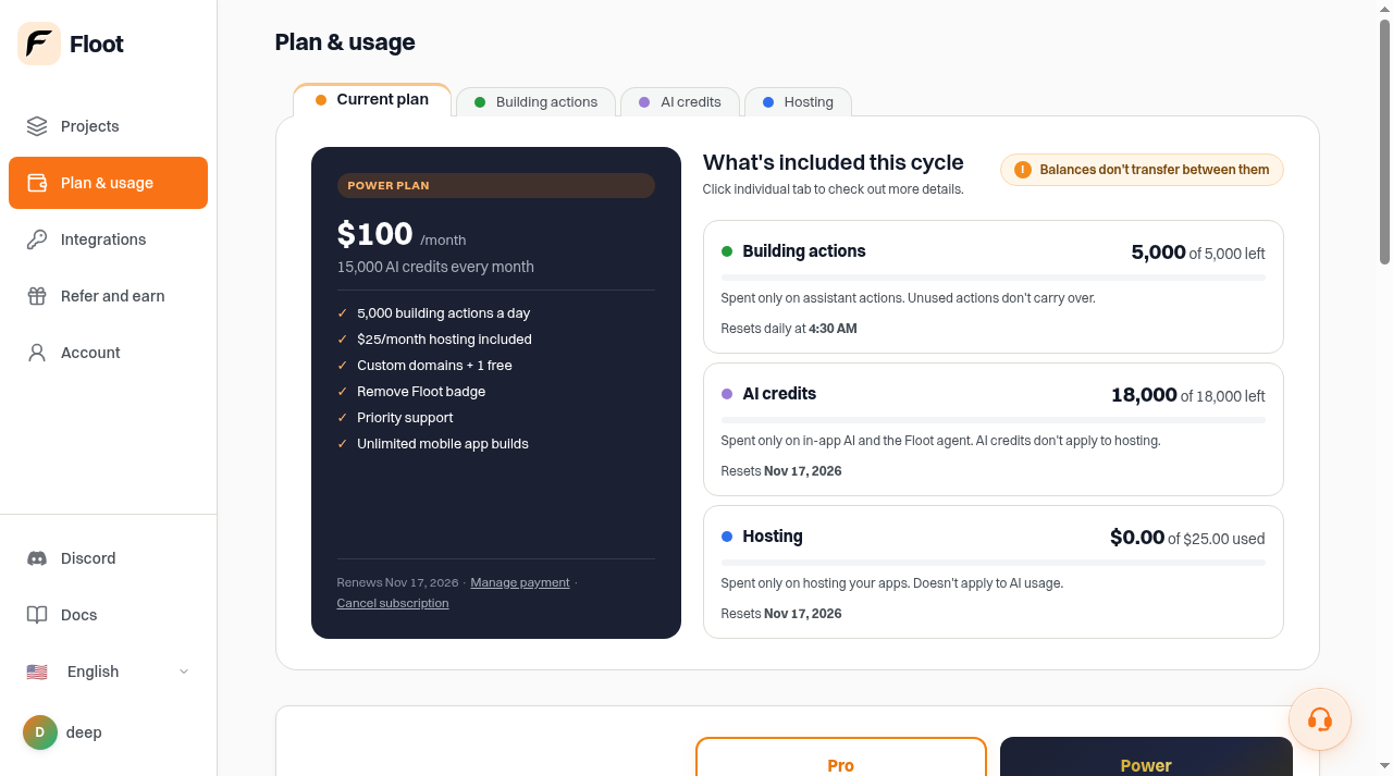 Floot Plan and usage page on the Power plan