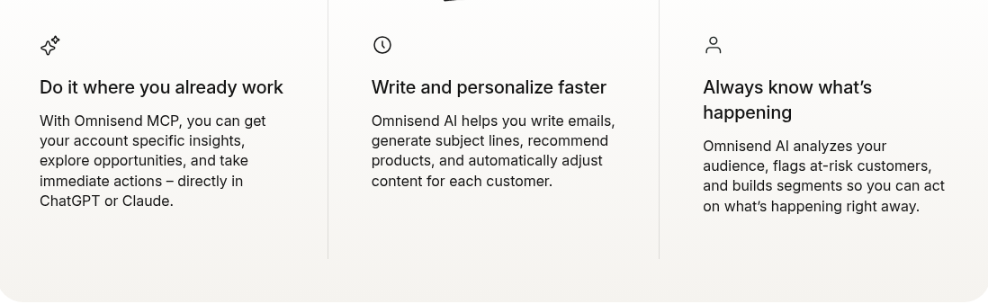 Omnisend AI features page showing MCP, write and personalize faster, and audience insights