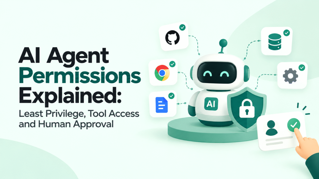 AI agent permissions explained with a friendly robot, security shield, access controls, and human approval icons.